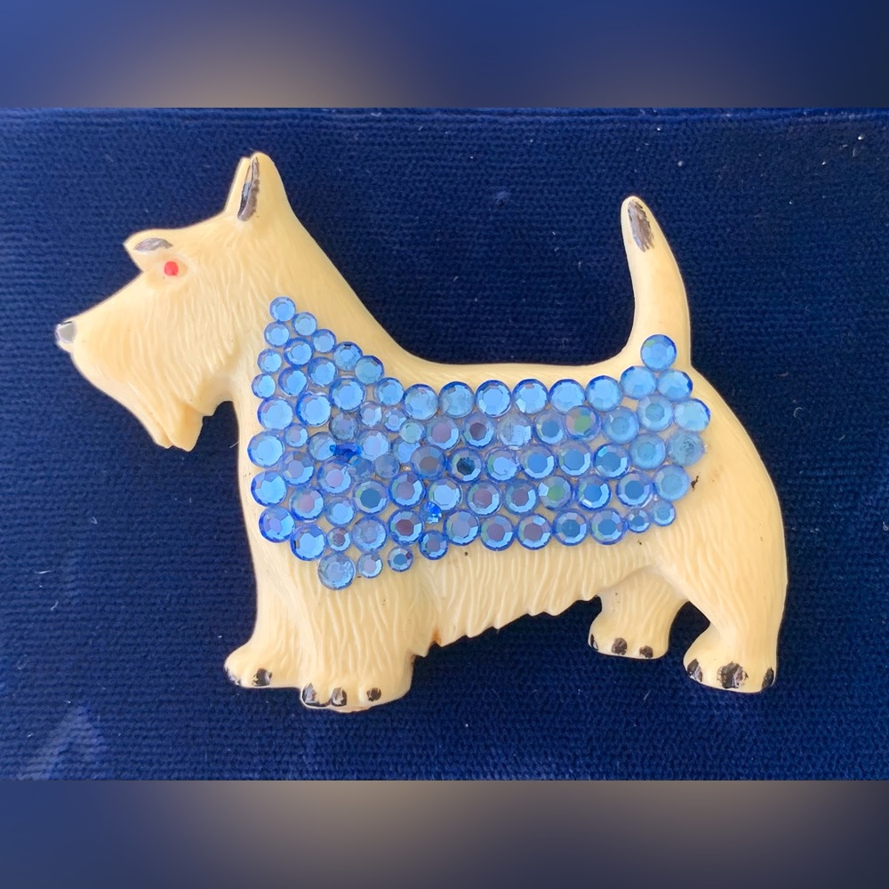 Vintage Celluloid Rhinestone Scottie Brooch